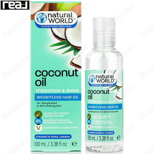 تصویر  روغن نارگیل نچرال ورلد آبرسان و براق کننده مو Natural World Coconut Oil Hydration Shine Hair Oil